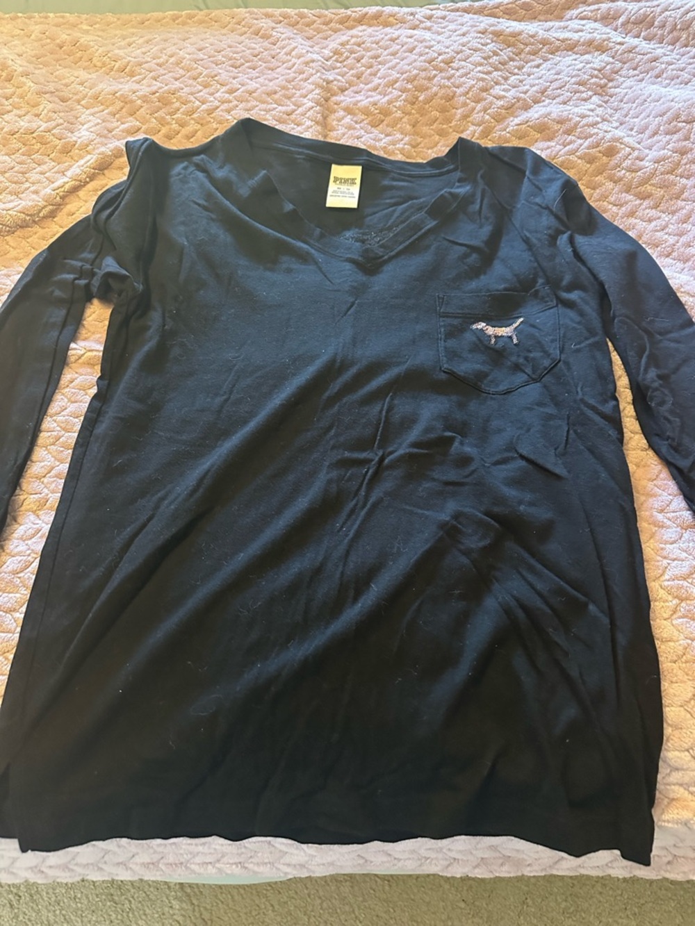 PINK Victoria's Secret Black Long Sleeve V-Neck Pocket Tee